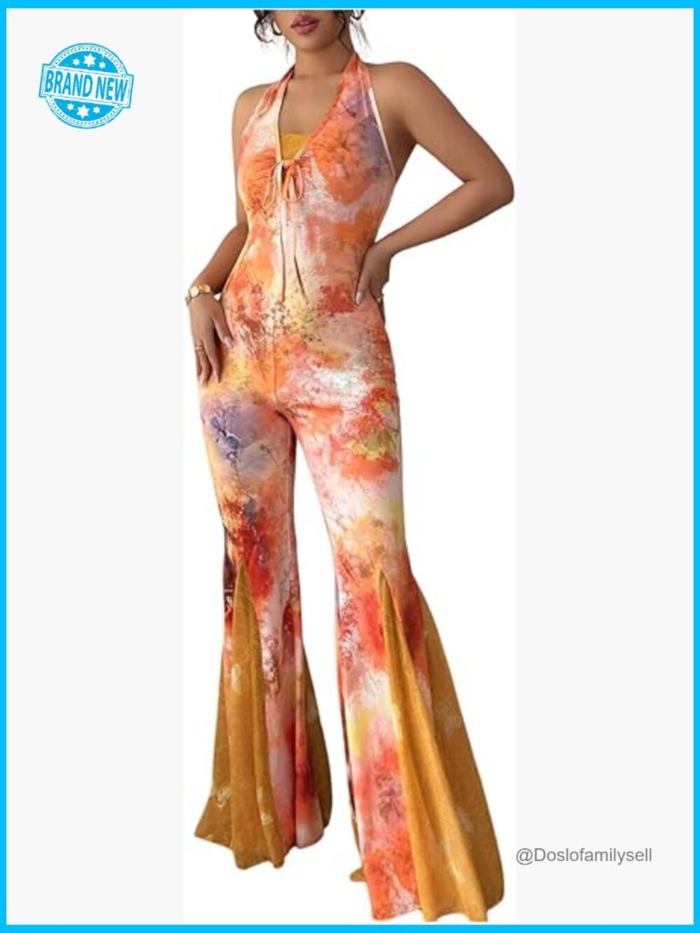 Halter Neck Tie Dye Jumpsuit Sleeveless Backless Flare Pants Summer One Piece